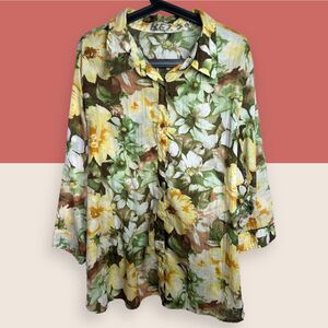 💛 2X FLORAL YELLOW BUTTON UP BLOUSE ROLL TAB SLEEVES